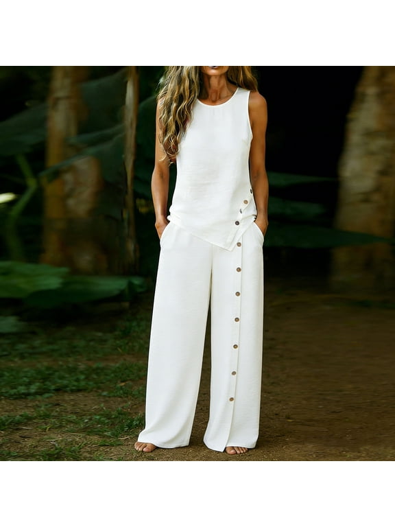 Workout Sets for Women Short Sleeve Womens Summer White Linen 2 Piece Outfit Sleeveless Asymmetrical Tank Tops with Side Buttons Wide Leg Pants Two-Piece Travel Sets White M