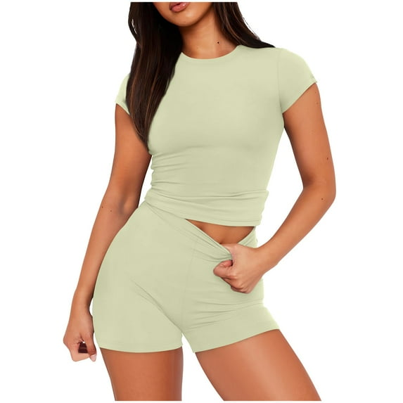 Workout Sets Women Shorts and Crop Tops Set 2 Piece Summer Outfits High Waisted Biker Short Sets Crew Neck Short Sleeve Tops Two Piece Outfits P-Green