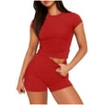 thumbnail image 1 of Workout Sets Women Shorts and Crop Tops Set 2 Piece Summer Outfits High Waisted Biker Short Sets Crew Neck Short Sleeve Tops Two Piece Outfits P-Red, 1 of 9