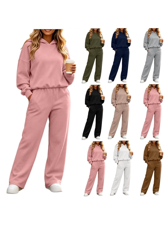 Workout Sets for Women Solid Color Plus Size Hooded Long Sleeve Pullover Sweatshirt Elastic Waist Long Pants Comfortable Casual Travel Outfits Track Suits Sweat Sets