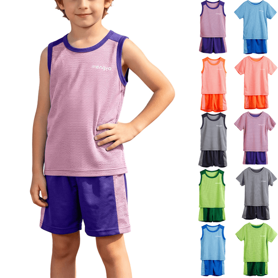 Workout Sets for Kids Lightweight Mesh Tank Tops and Shorts Activewear Breathable Color Block Basketball Soccer Uniform for Boys Girls 2-13 Years