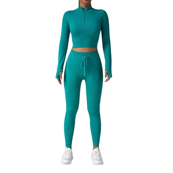 Workout Sets for Women 2 Piece High Waist Leggings Crop Top Gym Yoga Outfit Long Sleeve Skinny Tracksuits (Green M)