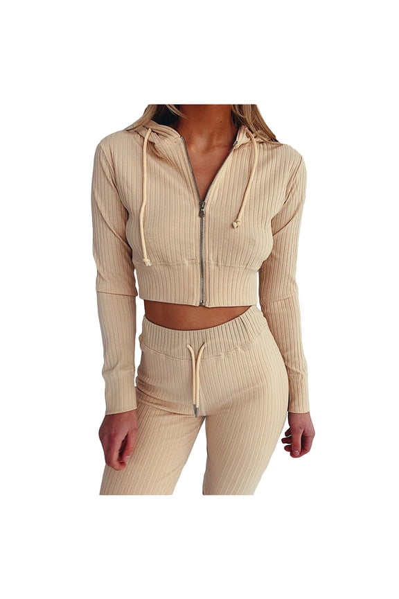 Workout Sets for Women 2 Piece Long Sleeve Zipper Crop Hoodie Tops Ribbed High Waist Leggings Tracksuits for Women