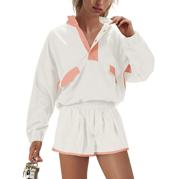 Workout Sets for Women 2 Piece Outfits Long Sleeve Button Up Lapel Blouse with Shorts White Activewear
