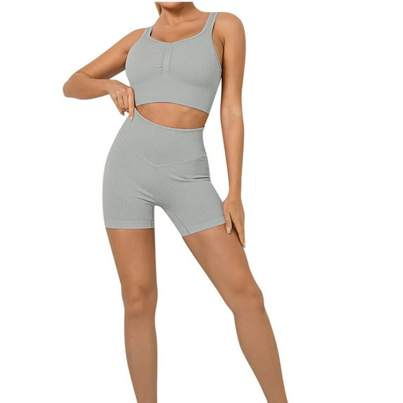 Workout Sets for Women 2 Piece Seamless Ribbed Crop Tank High Waist Athletic Shorts Yoga Outfits Exercise Set