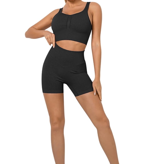 Workout Sets for Women 2 Piece Seamless Ribbed Crop Tank High Waist Athletic Shorts Yoga Outfits Exercise Set