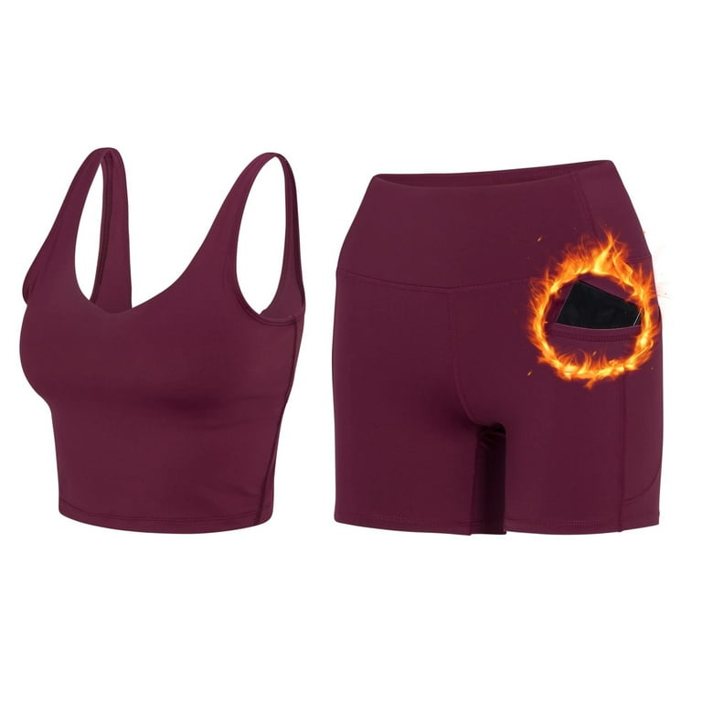 Workout Sets for Women 2 Piece Seamless Ribbed Crop Tank High Waist Shorts  Yoga Outfits (Medium, Burgundy)