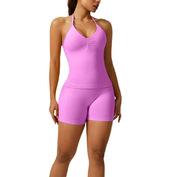Workout Sets for Women 2 Piece Seamless Sleeveless Backless Tops with High Waist Biker Shorts Gym Yoga Outfits L