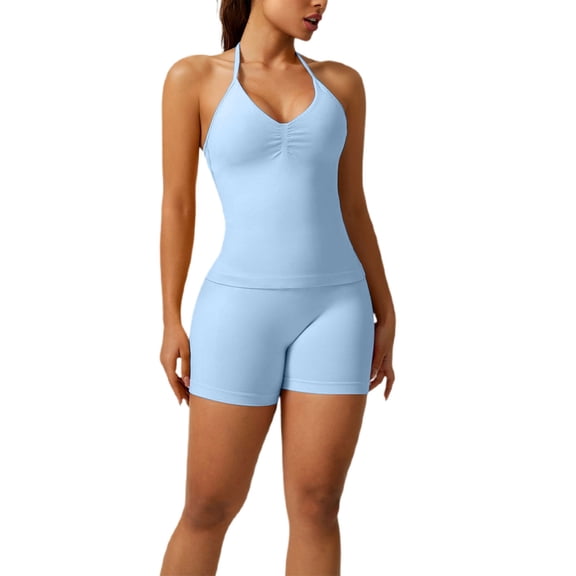 Workout Sets for Women 2 Piece Seamless Sleeveless Backless Tops with High Waist Biker Shorts Gym Yoga Outfits Light Blue S