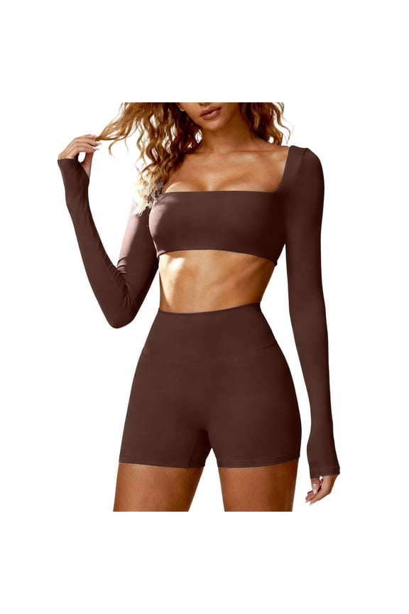 Workout Sets for Women 2 Piece Square Neck Long Sleeve Crop Tops High Waist Biker Shorts Gym Sets