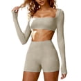 thumbnail image 1 of Workout Sets for Women 2 Piece Square Neck Long Sleeve Crop Tops High Waist Biker Shorts Gym Sets, 1 of 7