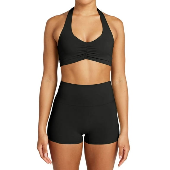 Workout Sets for Women 2 Piece Wrinkles Halter Sports Bras High Waist Biker Shorts Exercise Gym Yoga Outfit Black S