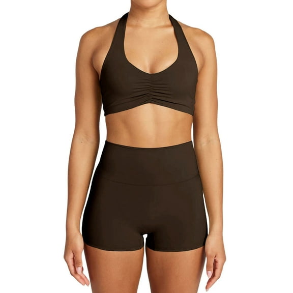 Workout Sets for Women 2 Piece Wrinkles Halter Sports Bras High Waist Biker Shorts Exercise Gym Yoga Outfit Brown M