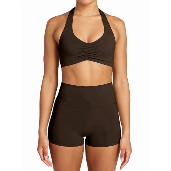 Workout Sets for Women 2 Piece Wrinkles Halter Sports Bras High Waist Biker Shorts Exercise Gym Yoga Outfit Brown S