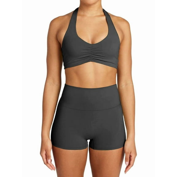 Workout Sets for Women 2 Piece Wrinkles Halter Sports Bras High Waist Biker Shorts Exercise Gym Yoga Outfit Dark Gray XL
