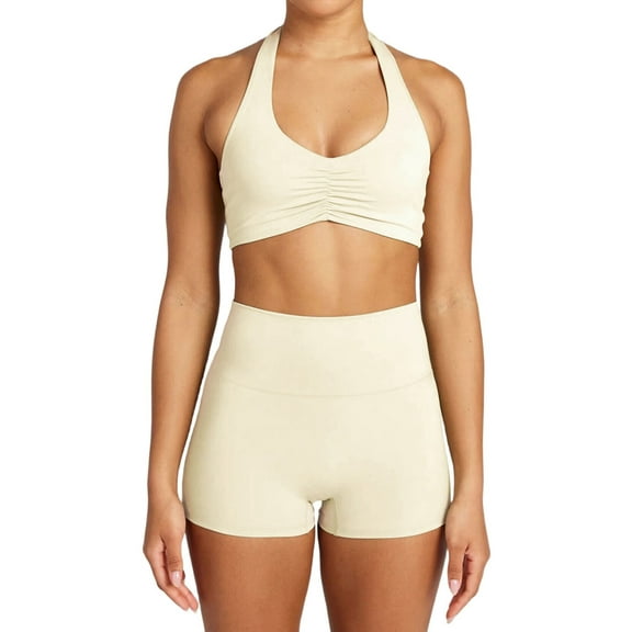 Workout Sets for Women 2 Piece Wrinkles Halter Sports Bras High Waist Biker Shorts Exercise Gym Yoga Outfit  M