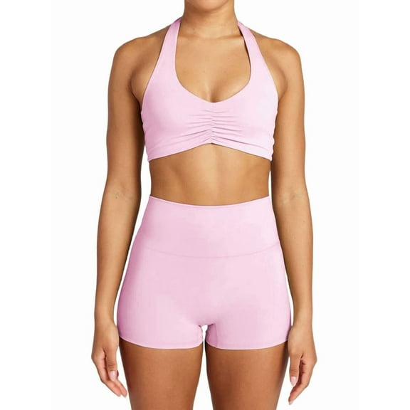 Workout Sets for Women 2 Piece Wrinkles Halter Sports Bras High Waist Biker Shorts Exercise Gym Yoga Outfit Pink S