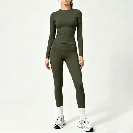 Knosfe Workout Sets for Women 2 Pieces Seamless High Waisted Yoga Legging Long Sleeve Top Going Out Activewear Outfits, L