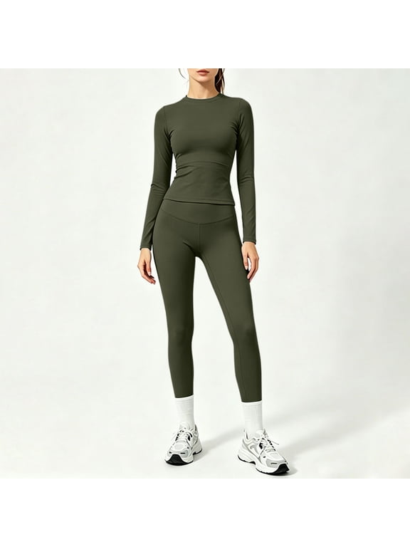 Workout Sets for Women 2 Pieces Seamless High Waisted Yoga Legging Long Sleeve Top Going Out Activewear Outfits, L
