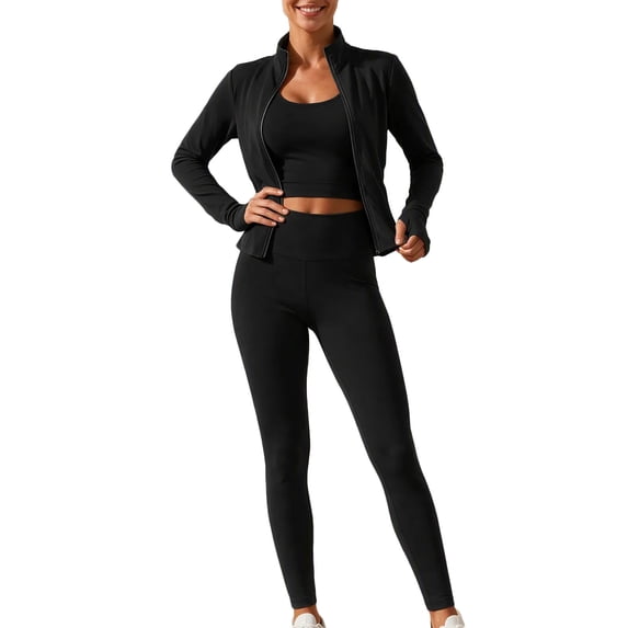 Workout Sets for Women 3 Piece High Waisted Seamless Leggings Crop Top Jacket Gym Yoga Outfit Stretchy Sports Bra Sets Black