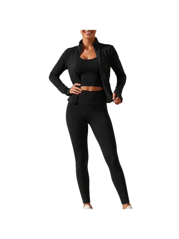 Workout Sets for Women 3 Piece High Waisted Seamless Leggings Crop Top Jacket Gym Yoga Outfit Stretchy Sports Bra Sets Black