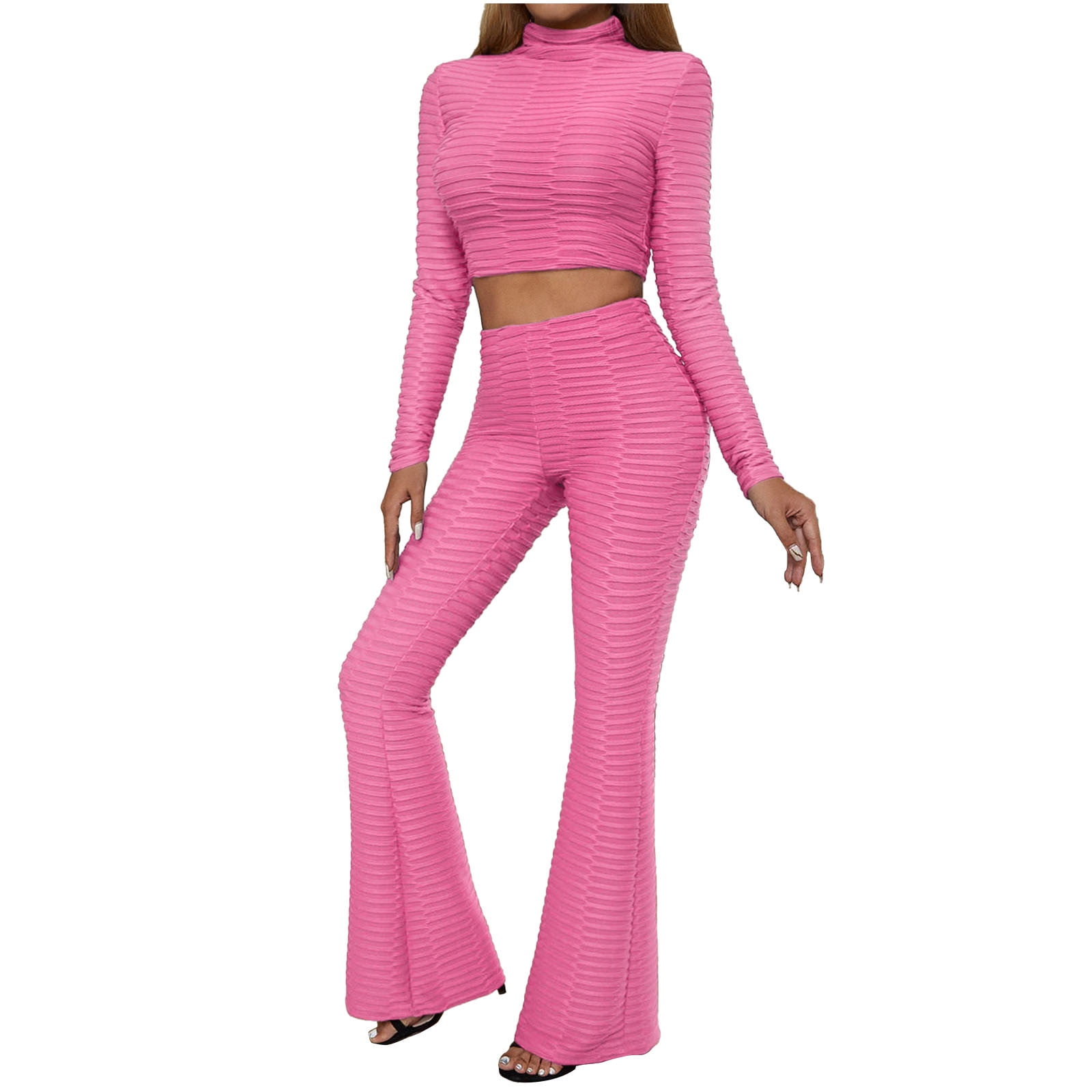 MIZMRSMAIS Women Basic Two piece Outfit Lounge Set Long Sleeve  Slim Fit Crop Tops and Low Rise Flare Pants 2pcs Tracksuit Yoga Set (A-Pink,  S) : Clothing, Shoes & Jewelry