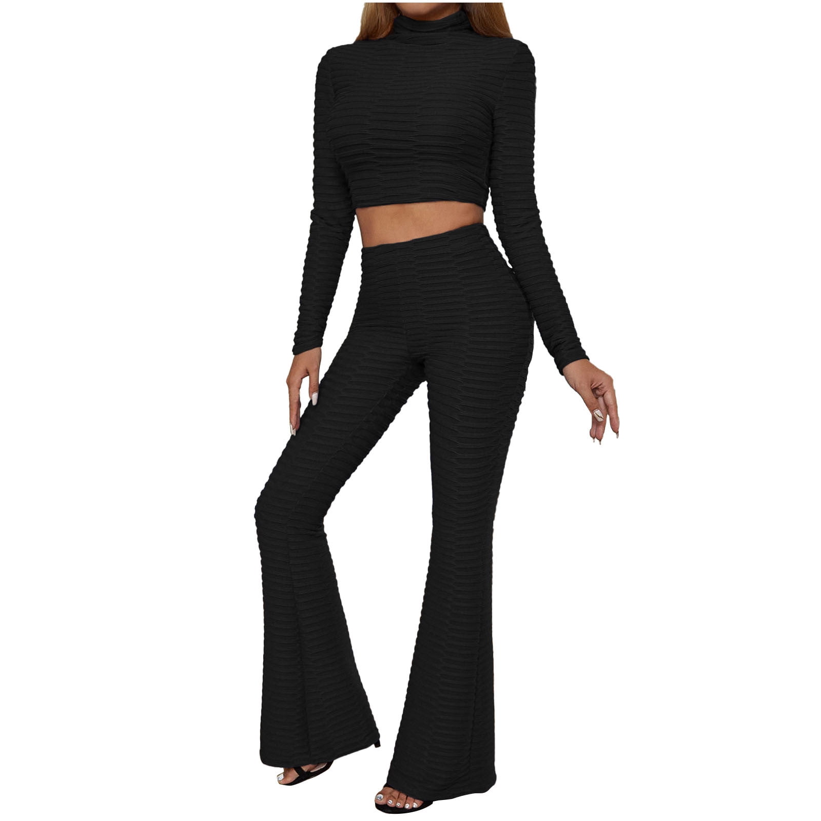 Workout Sets for Women Casual Slim High Waisted Flare Pants and Long Sleeve  Crop Top Yoga 2 Piece Outfits Tracksuit