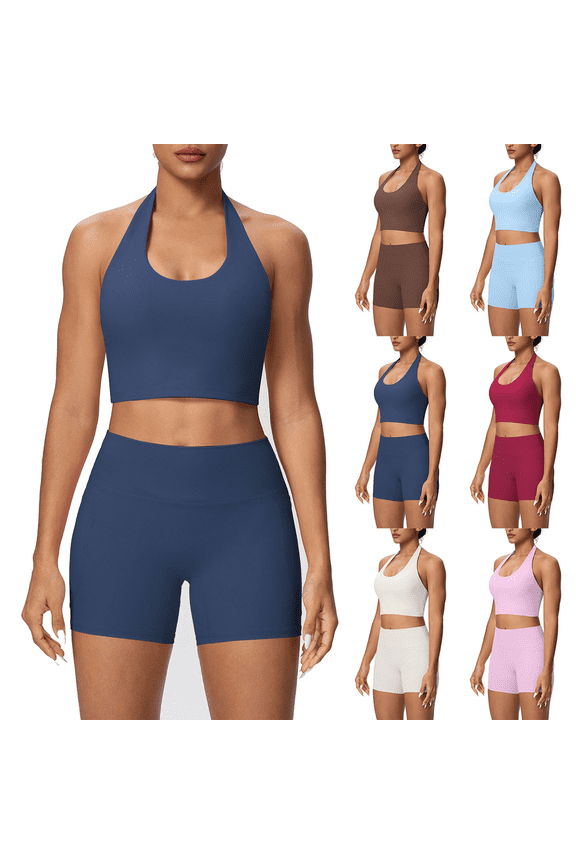 Workout Sets for Women Halter Backless Sports Bra and High Waist Booty Lifting Shorts 2 Piece Gym Yoga Activewear Sets Tracksuit