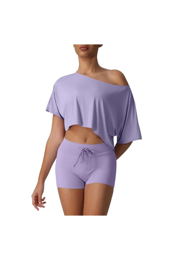 Workout Sets for Women Off Shoulder Crop Tops Running Shorts High Waist 2 Piece Gym Yoga Outfits, L