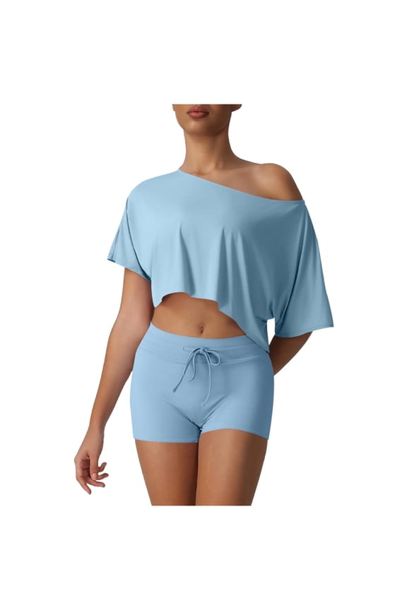 Workout Sets for Women Off Shoulder Crop Tops Running Shorts High Waist 2 Piece Gym Yoga Outfits, M