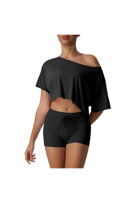 Workout Sets for Women Off Shoulder Crop Tops Running Shorts High Waist 2 Piece Gym Yoga Outfits, S