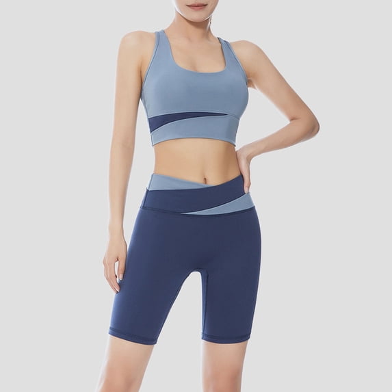 Workout Sets for Women Racer Back Corpped Tank Tops & Running Yoga Shorts Color Block 2 Pieces Gym Workout Sets (Blue M)