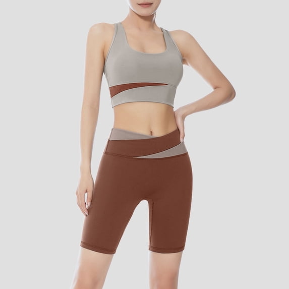 Workout Sets for Women Racer Back Corpped Tank Tops & Running Yoga Shorts Color Block 2 Pieces Gym Workout Sets (Grey L)