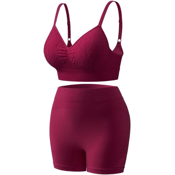 Workout Sets for Women Seamless Ribbed High Waist Yoga shorts with Sports Bra Outfits Wine