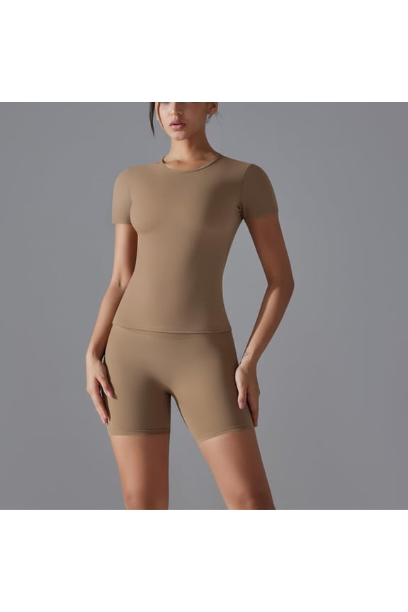 Workout Sets for Women Short Sleeve Tops and High Waist Biker Shorts Breathable Yoga Gym Fitness 2 Piece Athletic Set S-XL