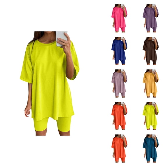 Workout Sets for Women Shorts Short Sleeve Crewneck Loose T Shirt and Legging Shorts 2 Piece Matching Set Yoga Gym Set