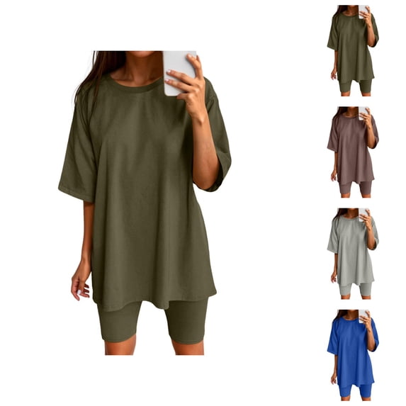 Workout Sets for Women Shorts Short Sleeve Crewneck Oversized T Shirt and Legging Shorts 2 Piece Matching Set Gym Yoga Set