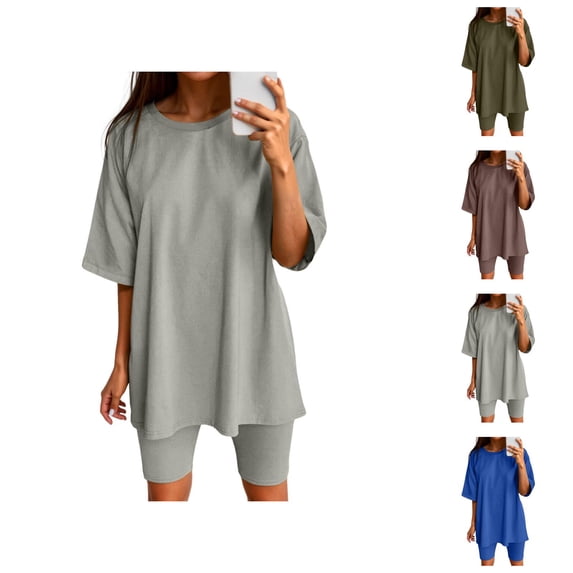 Workout Sets for Women Shorts Short Sleeve Crewneck Oversized T Shirt and Legging Shorts 2 Piece Matching Set Gym Yoga Set