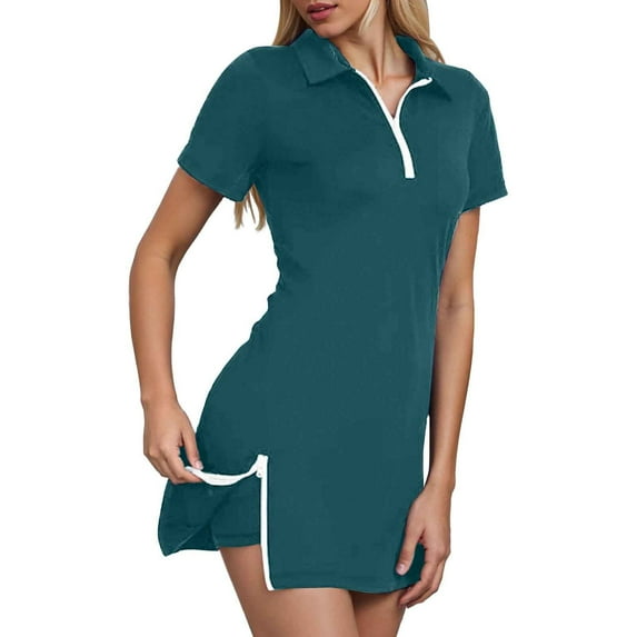 Workout Sets for Women Slim Soft Stretch Zipper Short Sleeve Polo Dress with Shorts Sport Set for Golf Activitywear