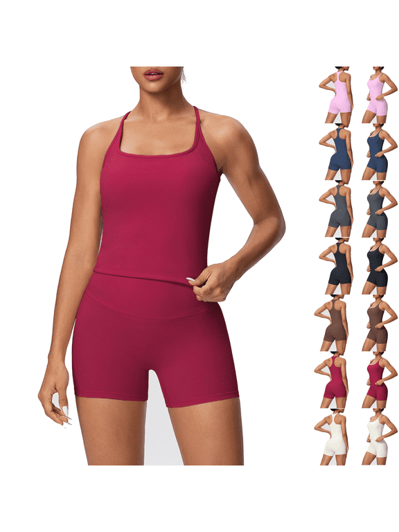 Workout Sets for Women Spaghetti Strap Racerback Tank Tops and High Waist Shorts 2 Piece Gym Yoga Running Sets Tracksuit