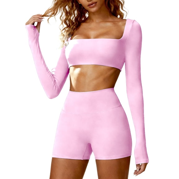 Workout Sets for Women Square Neck Crop Tops Tummy Control High Waist Biker Shorts Yoga Pilates Outfits