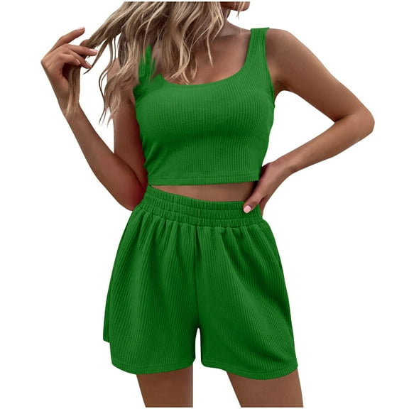 Workout Sets for Women Two Piece Sleeveless Ribbed Knit Crop Tank Tops and Shorts Summer Casual Matching Lounge Sets