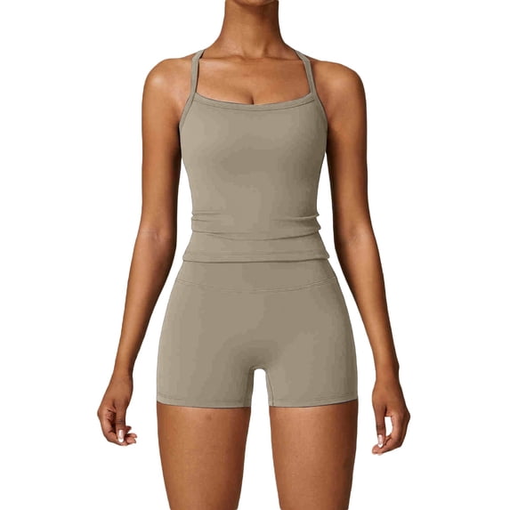 Workout Sets for Women Yoga 2 Piece Outfit Solid Color Seamless Tank Top with Shorts Sports Fitness Activewear