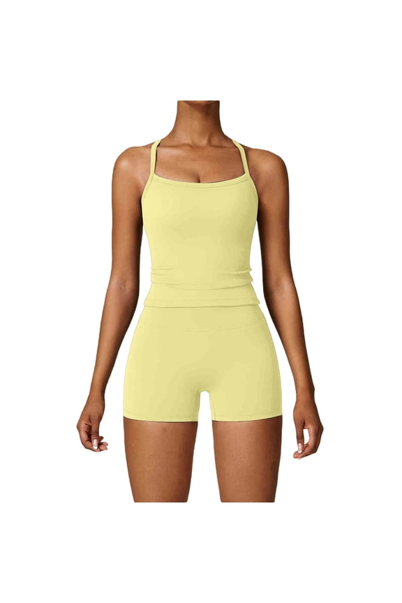 Workout Sets for Women Yoga 2 Piece Workout Out Back Tank Top with Shorts for Sports Solid Color Womens Yoga Set
