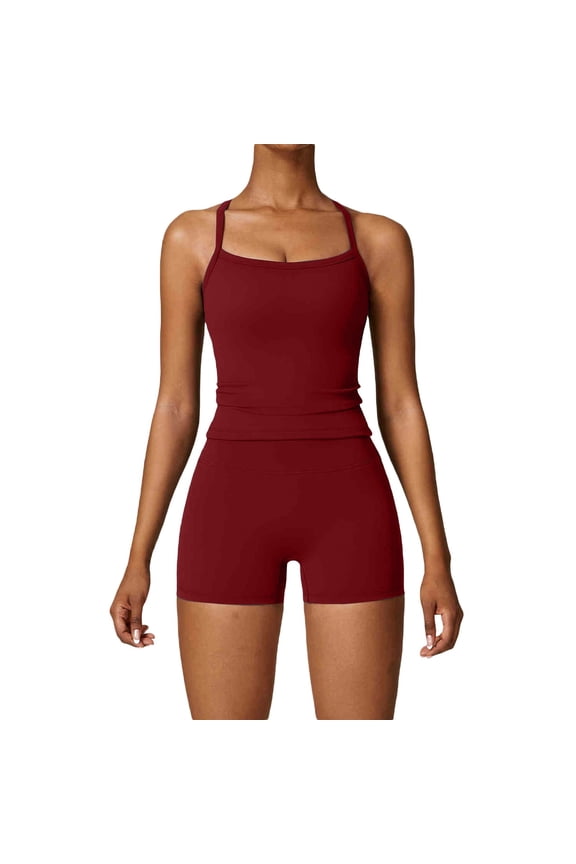 Workout Sets for Women Yoga 2 Piece Workout Out Back Tank Top with Shorts for Sports Solid Color Womens Yoga Set