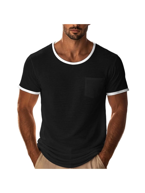 Workout Shirt for Men Crew Neck Short Sleeve with Pocket Casual Running T-Shirt Pullover Dad Gifts