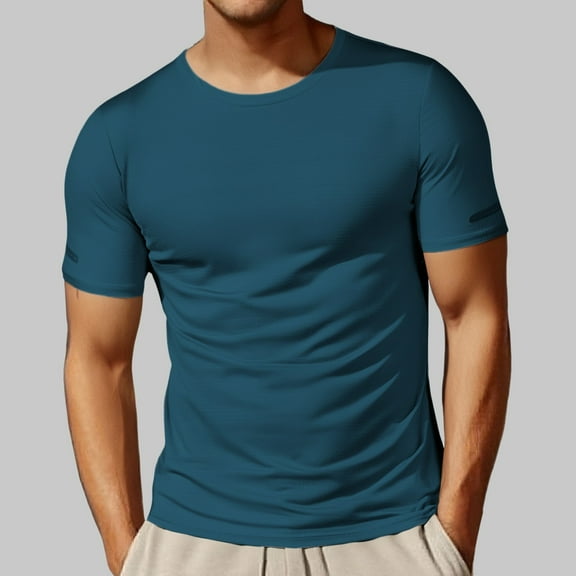 Workout Shirts For Men Comfy Solid Color Slim Fit Crew Neck Short Sleeve Workout Shirts Spring Summer Fall Basic Blouses Vacation Clothes Light Blue XXXL