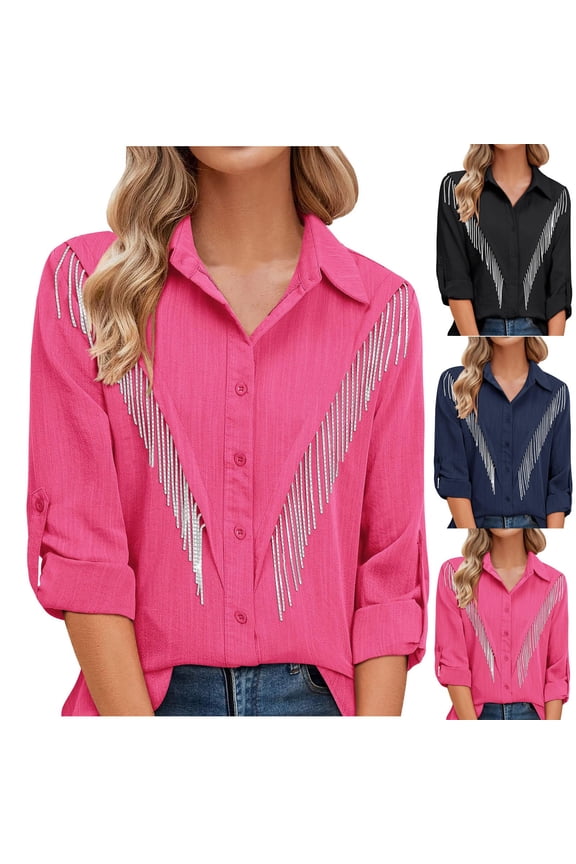 Workout Shirts Women Rhinestone Fringe Button Down Shirt Rolled 3/4 Sleeve Sparkly Concert Western Breathable Summer Fall Flowy Tops Ladies Blouses