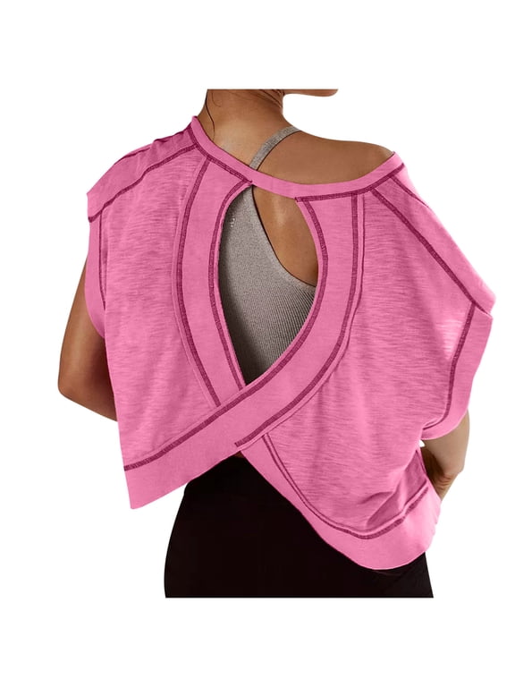 Workout Shirts Women Sevevn Womens Open Back Workout Backless Short Sleeve Athletic Shirt Running Crop Top Gym Yoga Tee