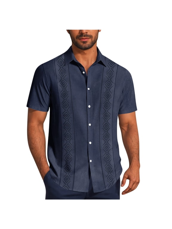 Workout Shirts for Men Big and Tall,Men Cuban Guayabera Shirts Linen Short Sleeve Button Down Cotton Mexican Beach Wedding Shir